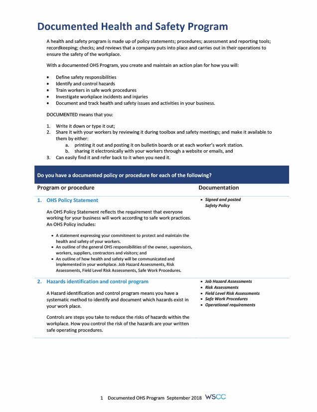 Guide to Documenting a Health and Safety Program WSCC Workers