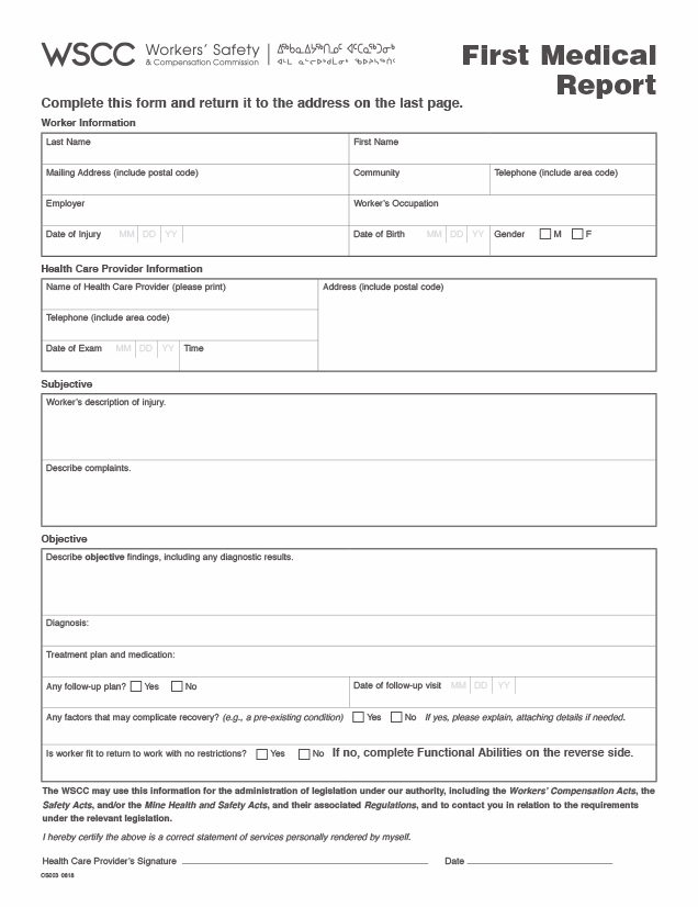 First Medical Report | WSCC | Workers' Safety and Compensation Commission
